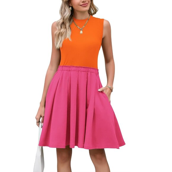 Pink Queen Women's Summer Sleeveless Mini Dress  Crewneck Knit A Line Pleated - Picture 1 of 6